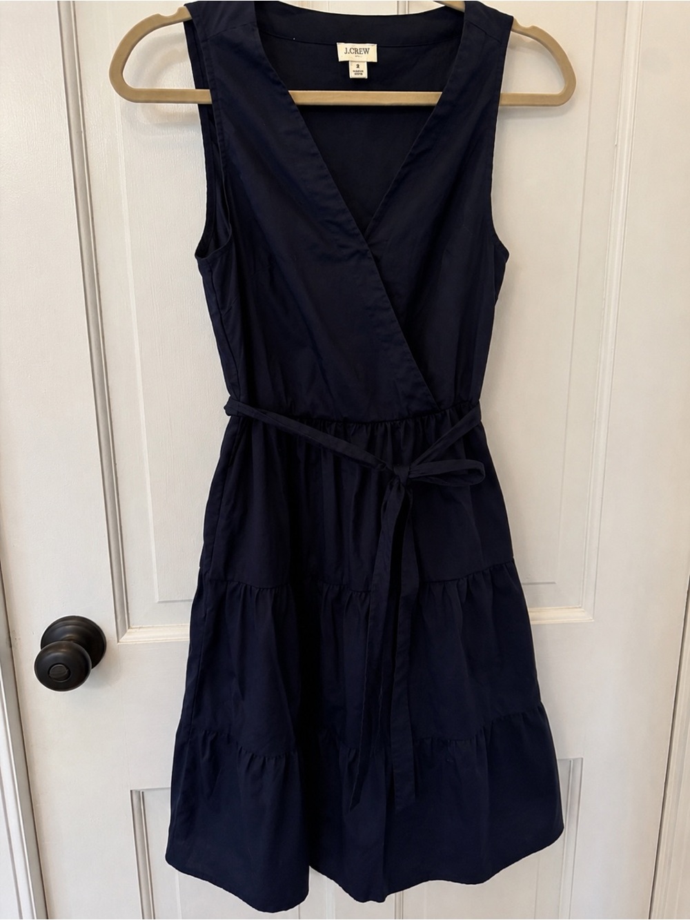 J.Crew Navy Faux Wrap Tiered Dress Tie Waist V-Neck Size 2 - Picture 7 of 14